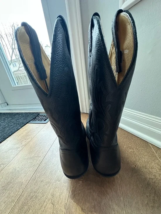 Men's Black Leather Western Cowboy Boots - Classic Pull-On Style - Picture 8 of 10